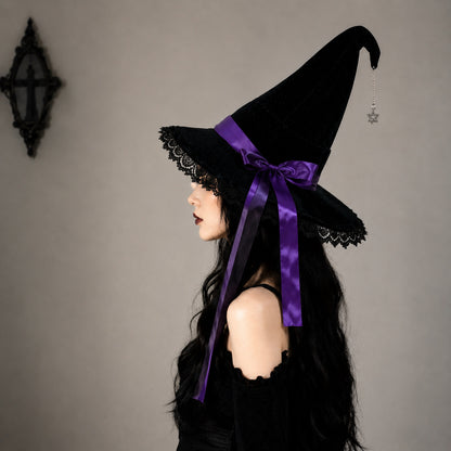 Gothic Velvet Witch Hat with Lace Brim and Satin Bow