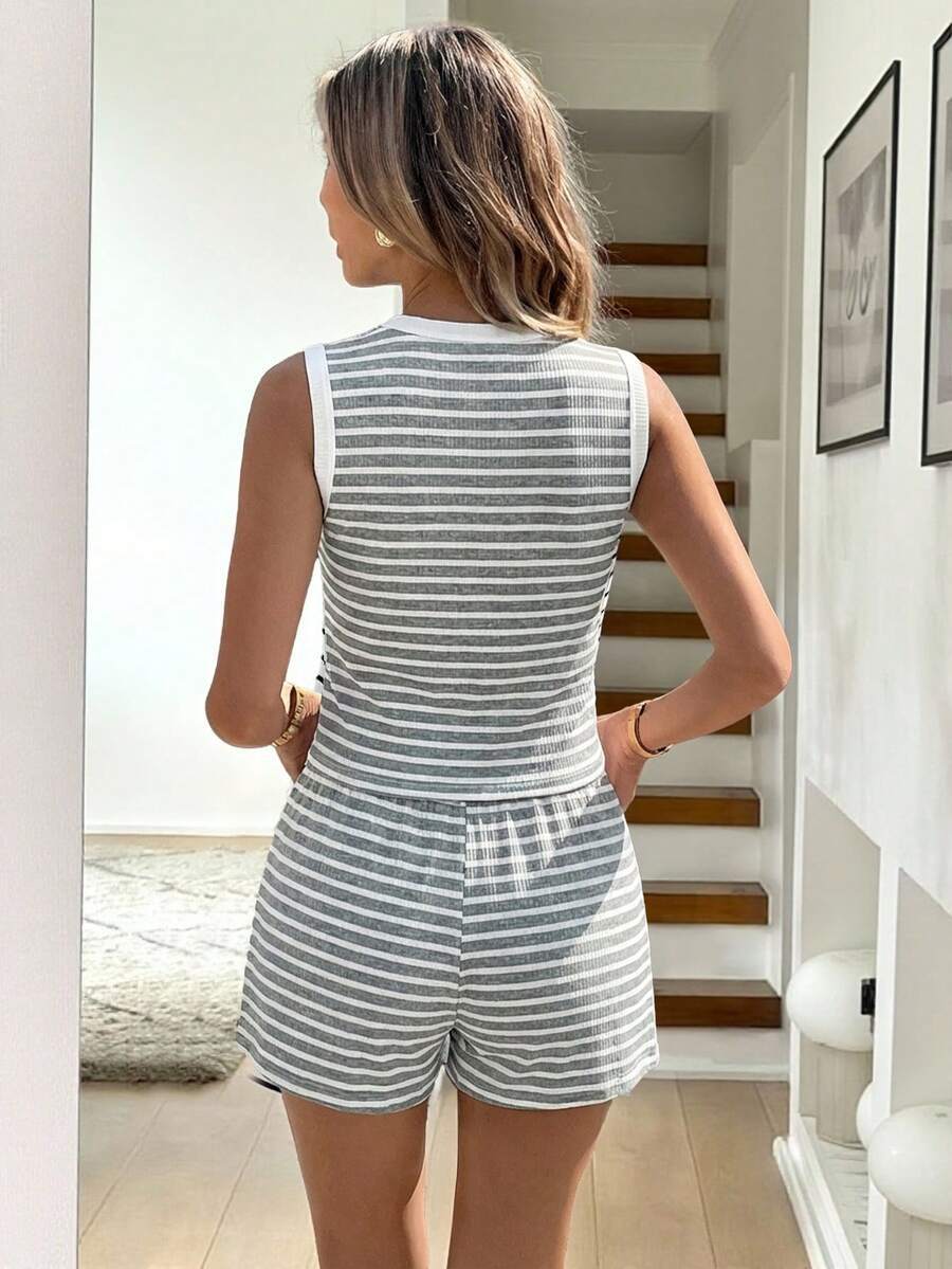 Striped Lace Up Sleeveless Romper Casual Summer Set