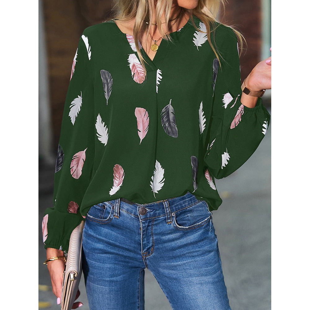 Feather Print V Neck Chiffon Blouse Long Sleeve Top