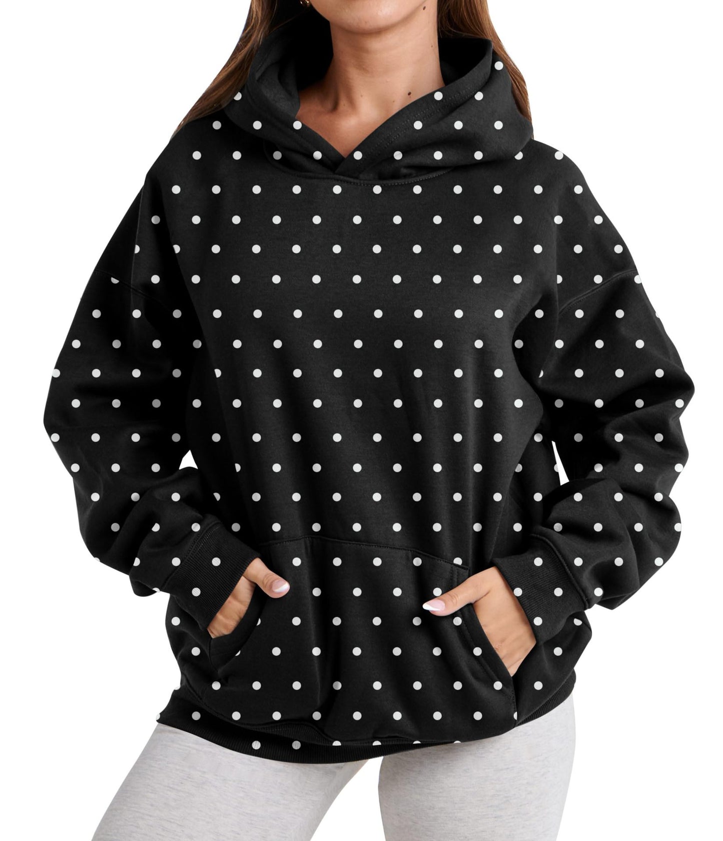 Polka Dot Hoodie Kangaroo Pocket Relaxed Fit Sweatshirt
