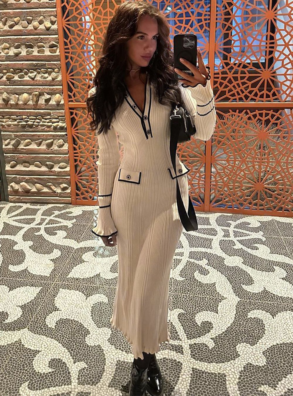 Contrast Trim Knit Maxi Dress Polo Collar Bell Sleeve