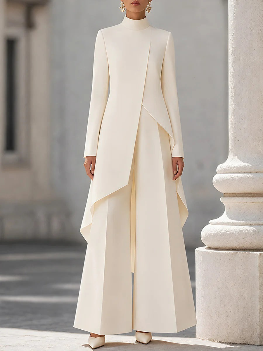 Women's Asymmetric Mock Neck Wide Leg Pants Two Piece Set