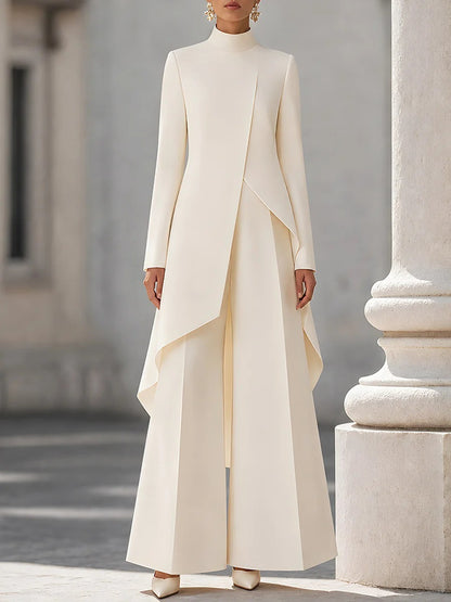 Women's Asymmetric Mock Neck Wide Leg Pants Two Piece Set