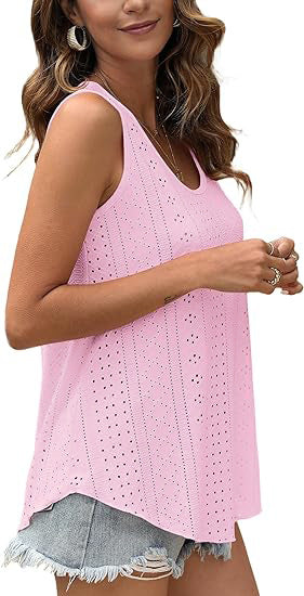 Eyelet Knit Tank Top Sleeveless Loose Fit Summer Top