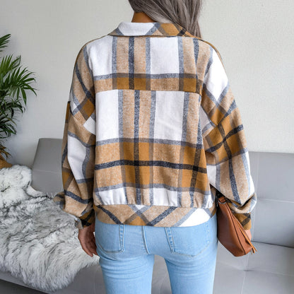 Women's Plaid Lantern Long Sleeve Tweed Jacket