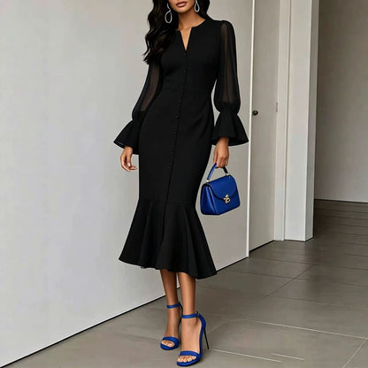 Women's V-Neck Chiffon Bell Sleeve Midi Mermaid Dress