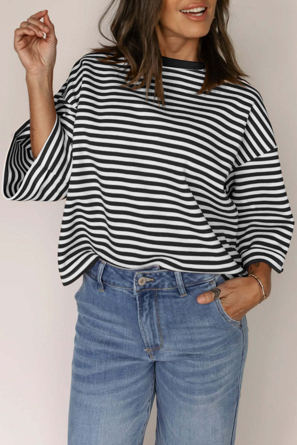 Blue Striped Knit Back Bow Open Back Top Women
