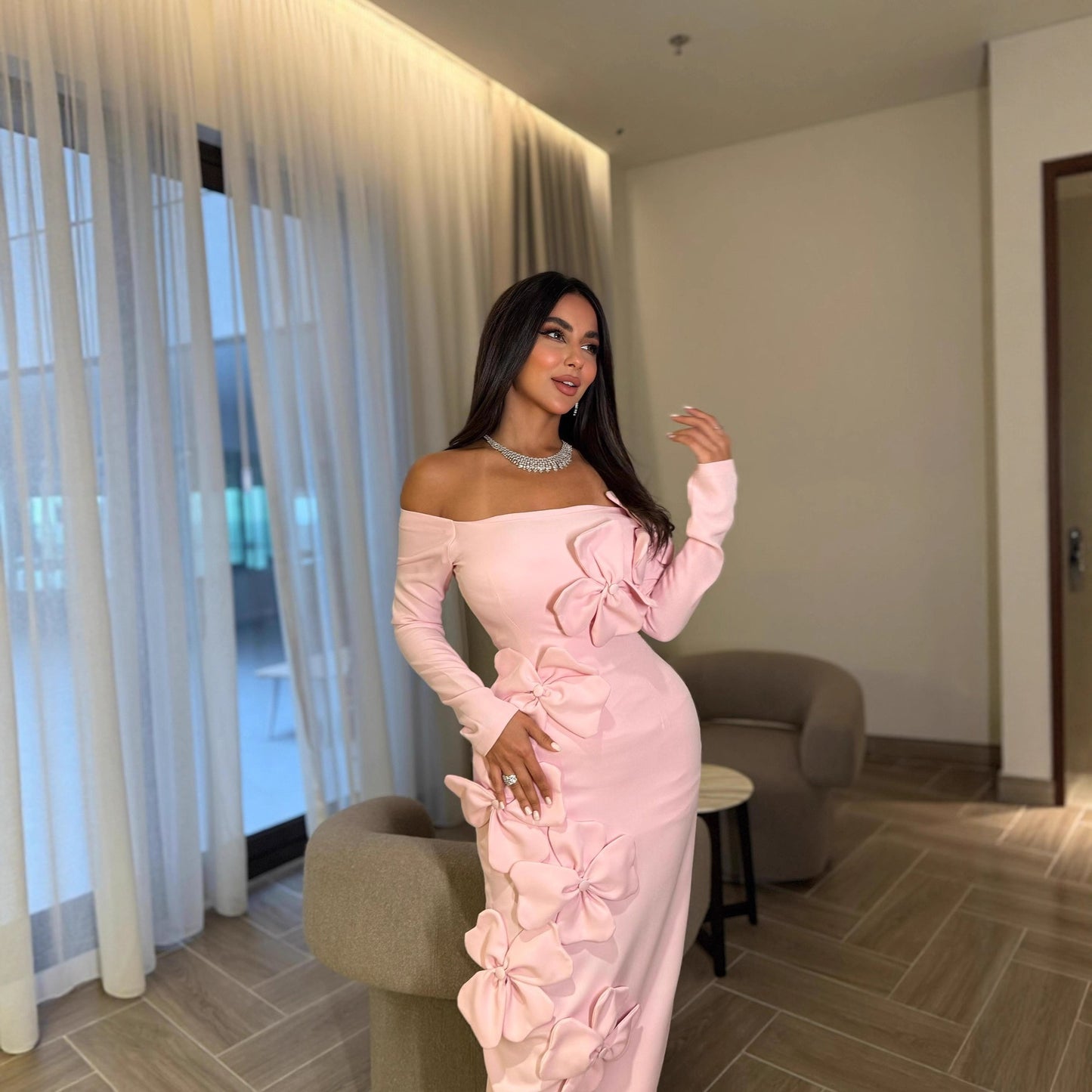 Pink Off Shoulder Long Sleeve Floral Bodycon Maxi Dress