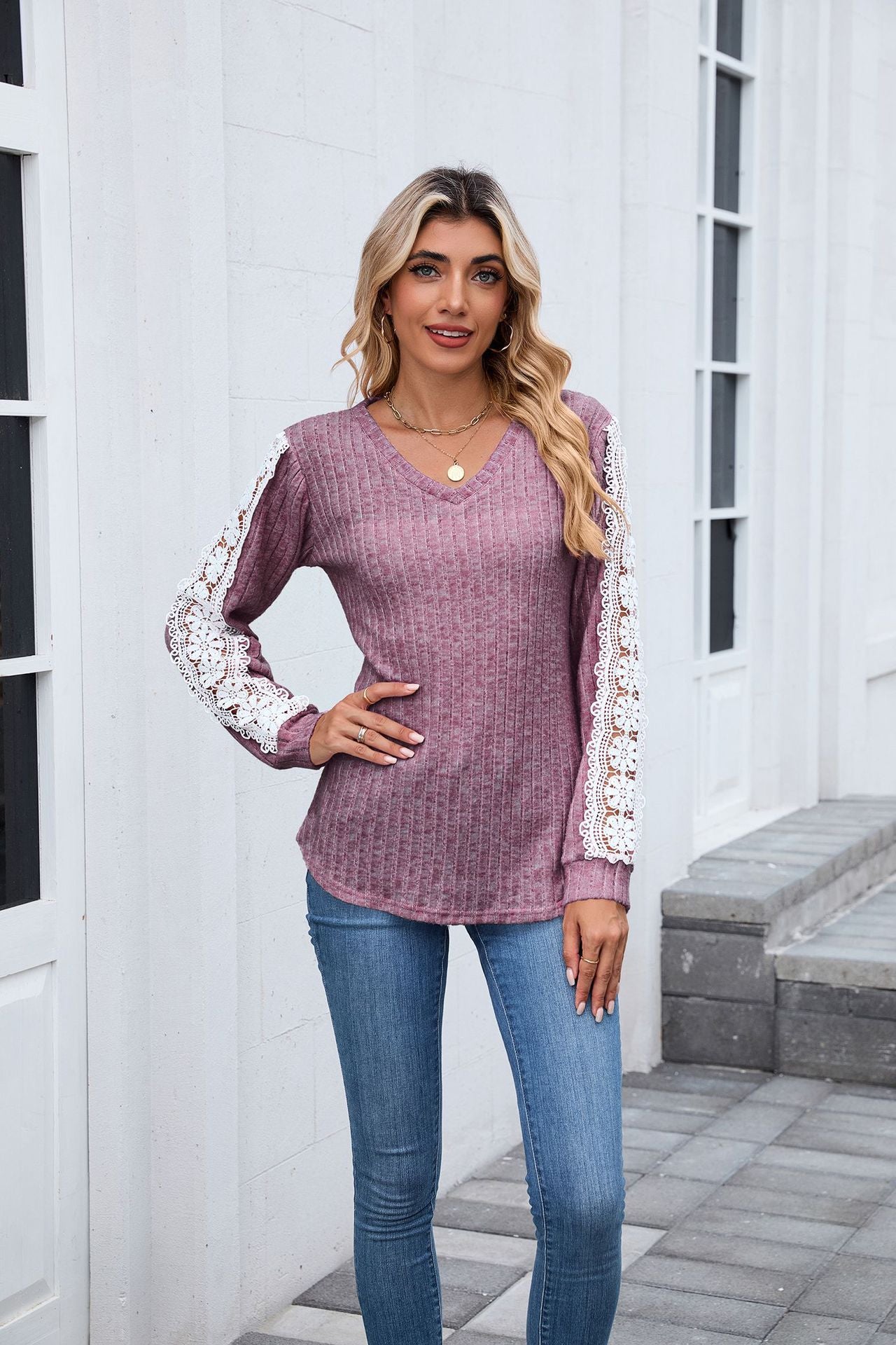 Women's V Neck Lace Long Sleeve Tunic Top