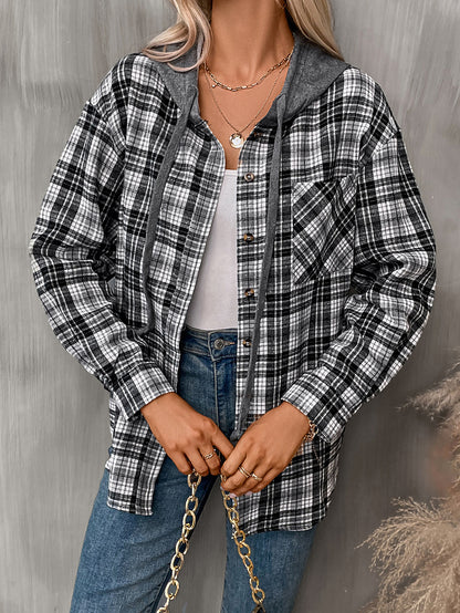 Plaid hooded button down shirt oversized fit