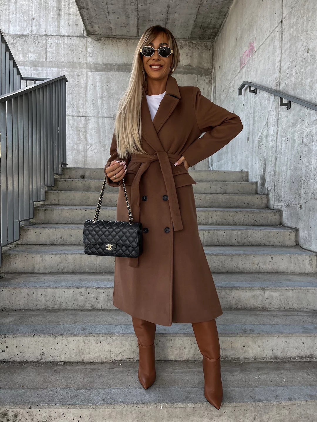 Women's Lapel Button Front Long Coat with Slit