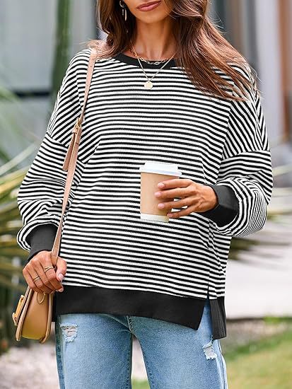 Oversized Waffle Knit Striped Crewneck Side Slit Pullover