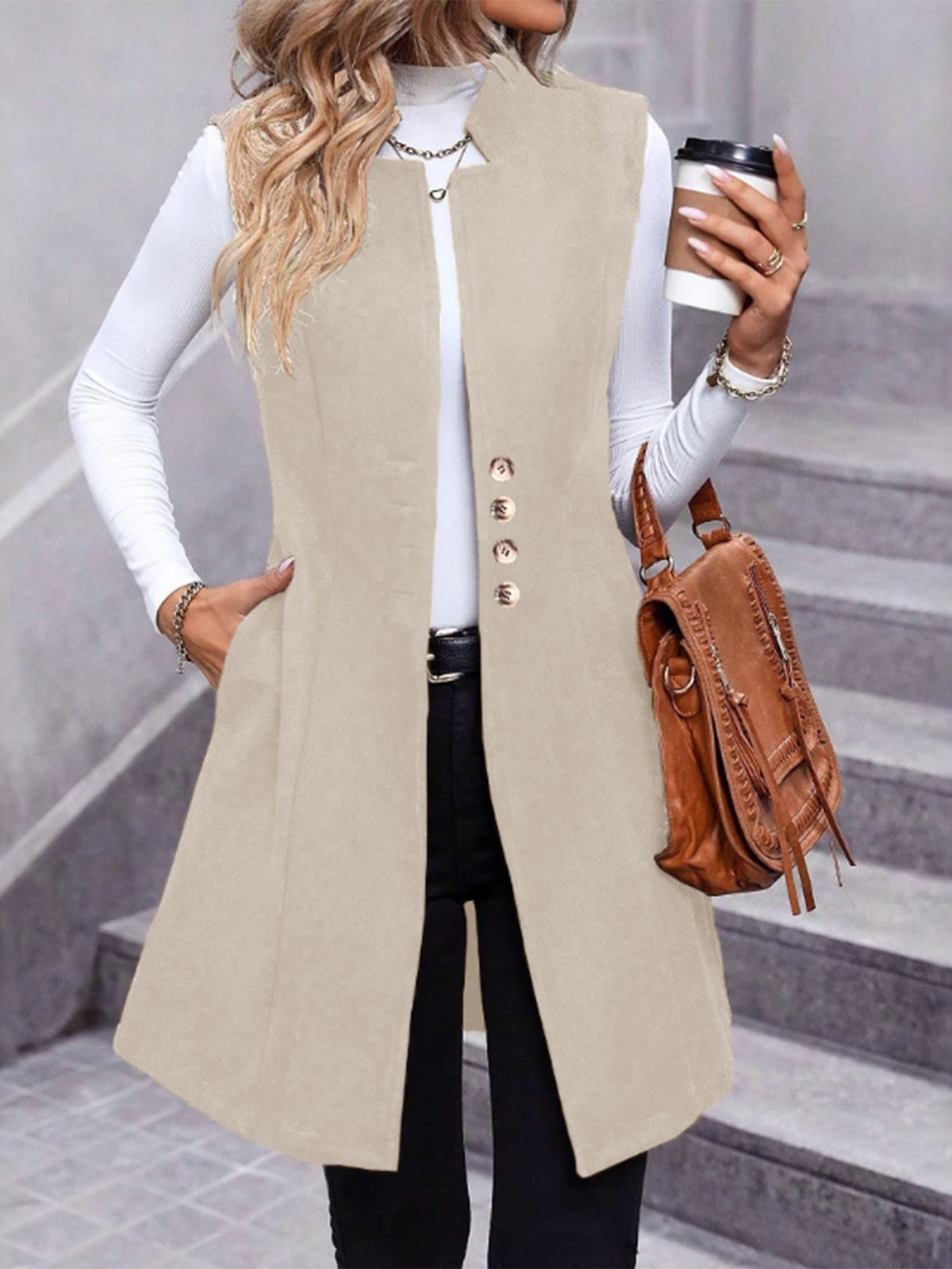 Women's Long Sleeveless Blazer Vest Button Front Jacket