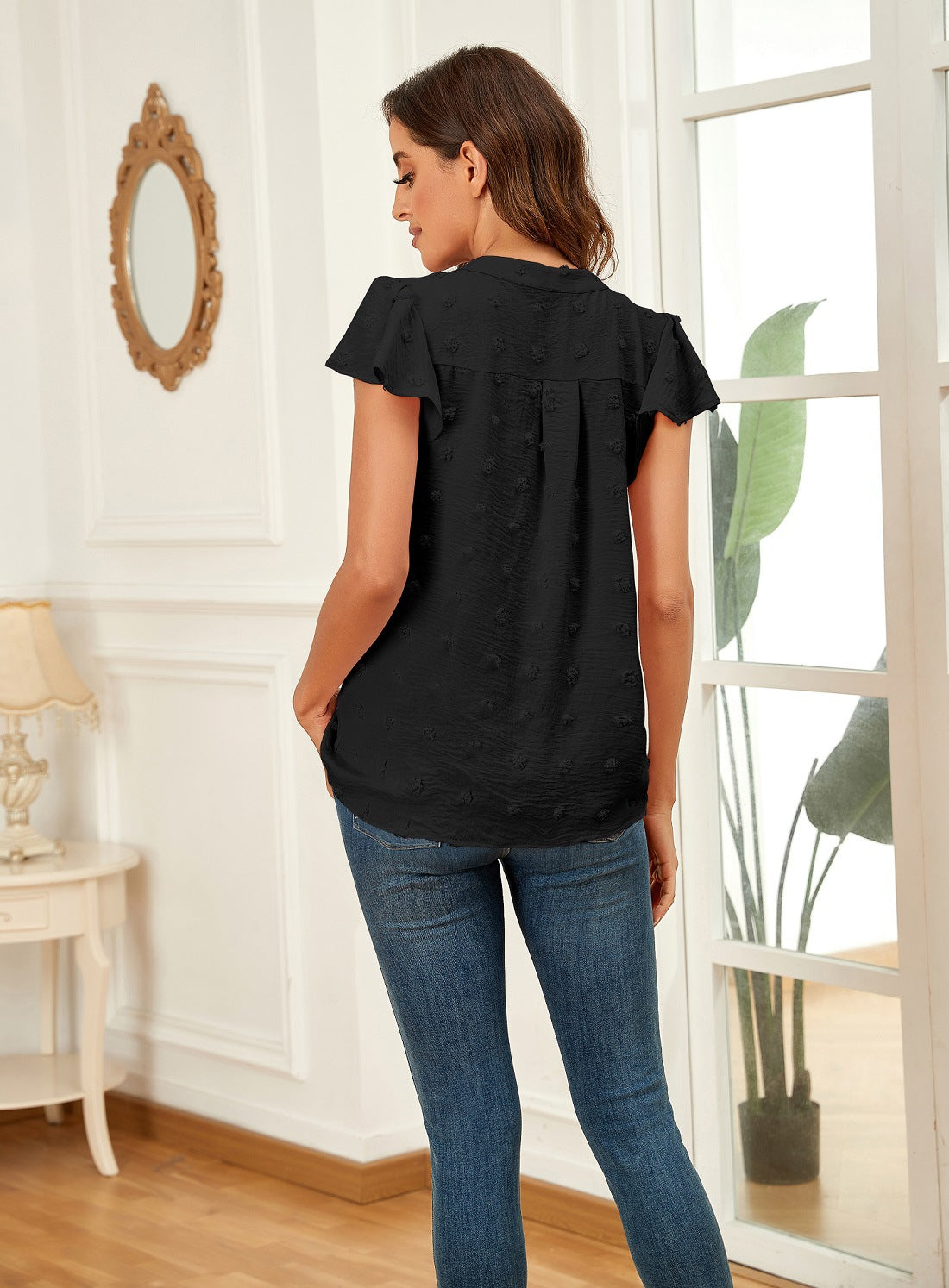 Women's V-Neck Pleated Sleeve Top with Pom Poms - Perfect for Summer