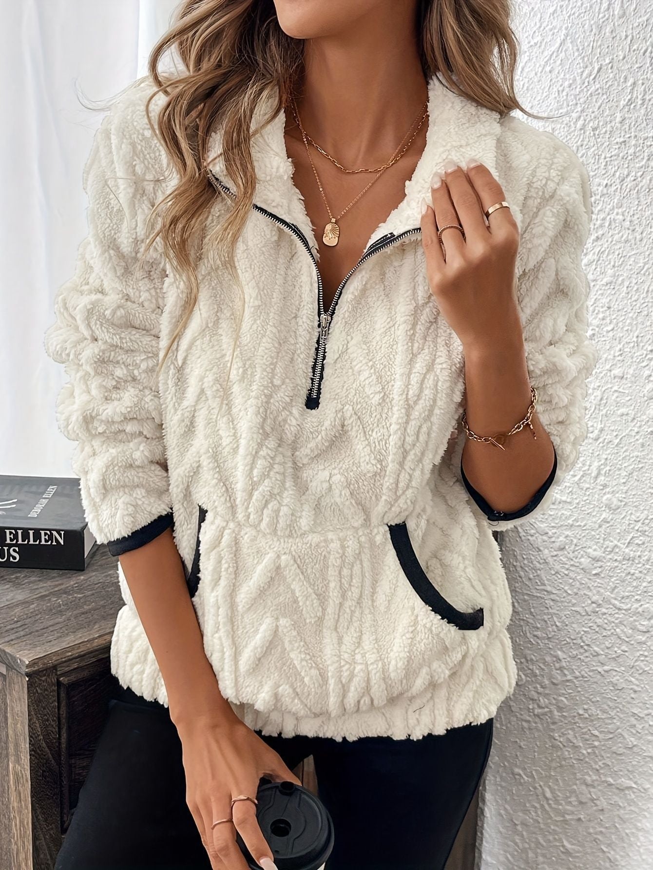 Women's Sherpa Quarter Zip Cropped Pullover Sweatshirt