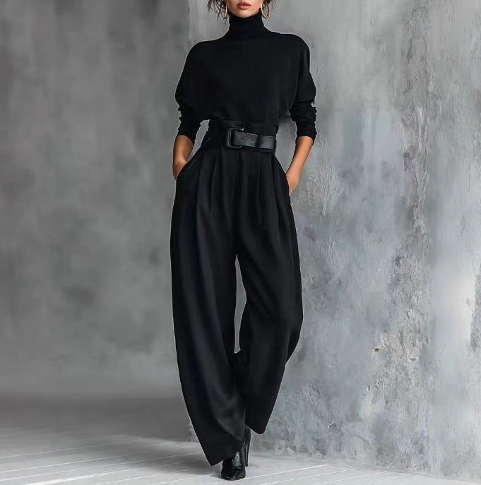 Women's Turtleneck Wide Leg Pants Two Piece Set with Belt