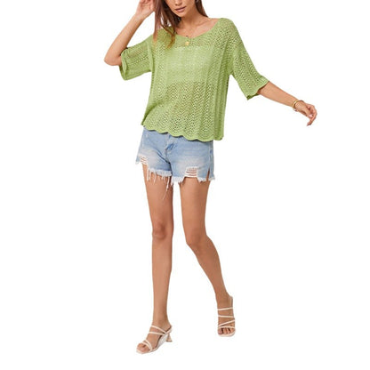 Crochet Knit Sweater Top Loose Hollow Out Short Sleeve Pullover