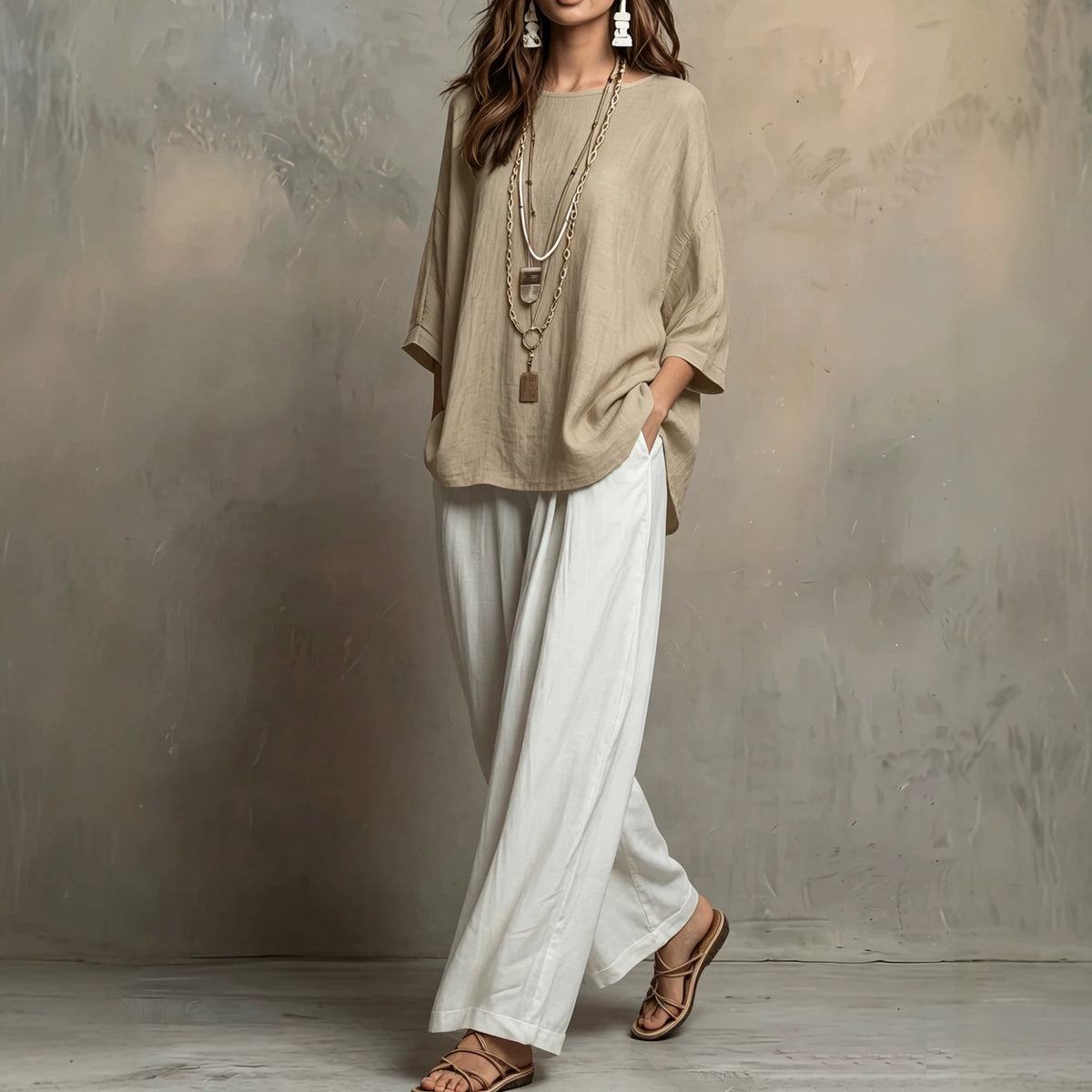Women's Boho Color Block Two Piece Set Wide Leg Pants