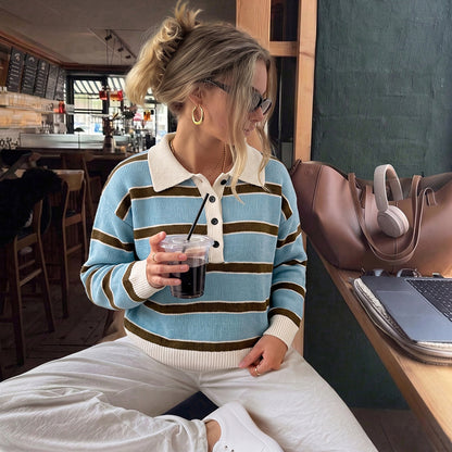 Striped Knit Polo Sweater Button Placket Relaxed Fit