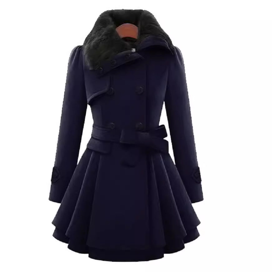 Plus Size Double Breasted Belted Wool Coat Faux Fur Collar