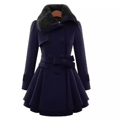 Plus Size Double Breasted Belted Wool Coat Faux Fur Collar