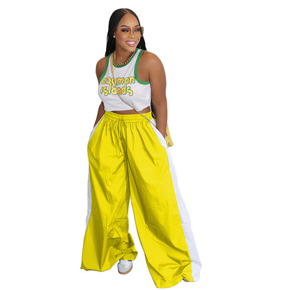 Women Sporty Color Block Wide Leg Pants Loose Side Stripe