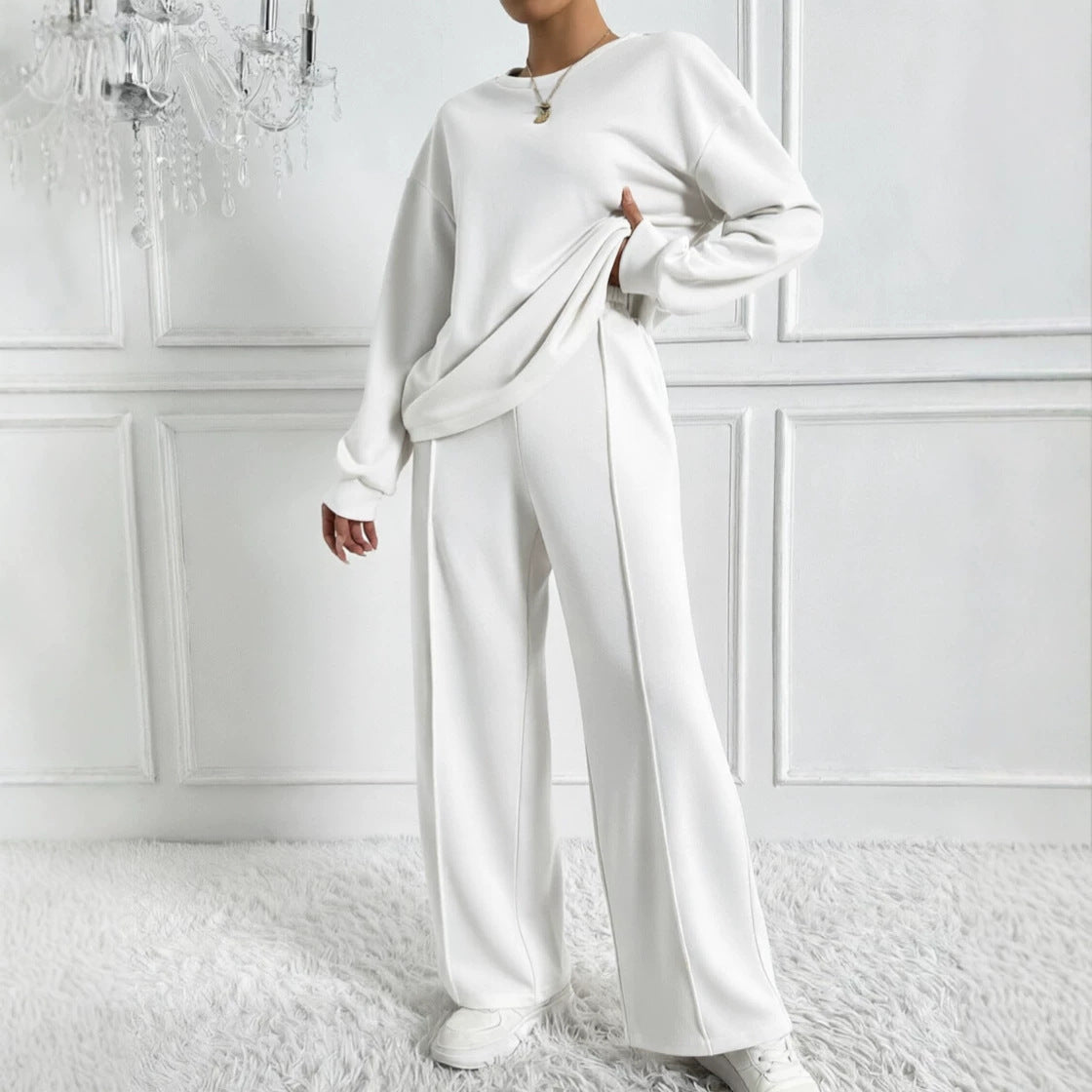 Women's Solid Crewneck Sweatshirt Wide Leg Pants Lounge Set