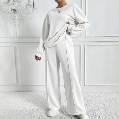 Women's Solid Crewneck Sweatshirt Wide Leg Pants Lounge Set