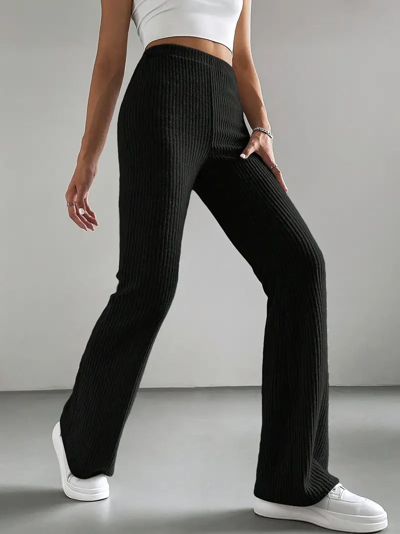 Women's High Waist Ribbed Knit Flare Pants Stretchy Casual