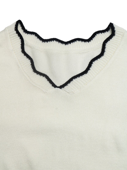 Contrast Scallop V Neck Knit Cropped Sweater