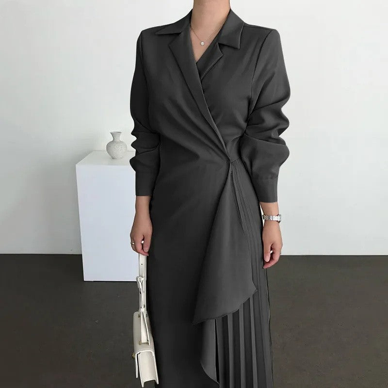 Women's Elegant Shirt Dress Long Sleeve Pleated Maxi