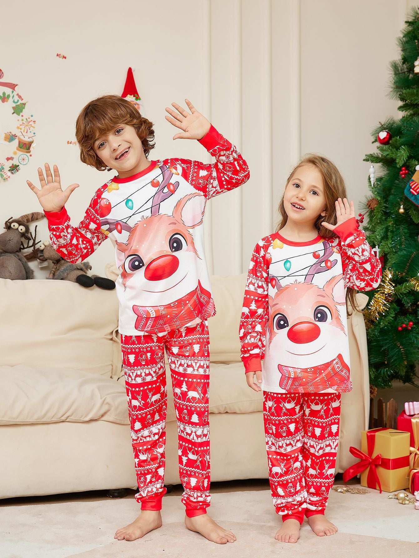 Parent-child Loungewear Deer Print Crew Neck Long-sleeved Christmas Pajama Set