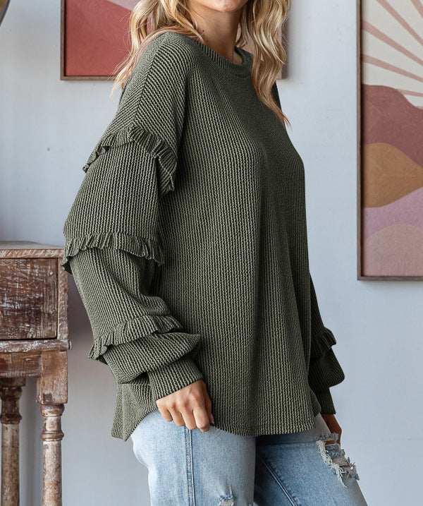 Lantern Sleeve Lace Round Neck Top
