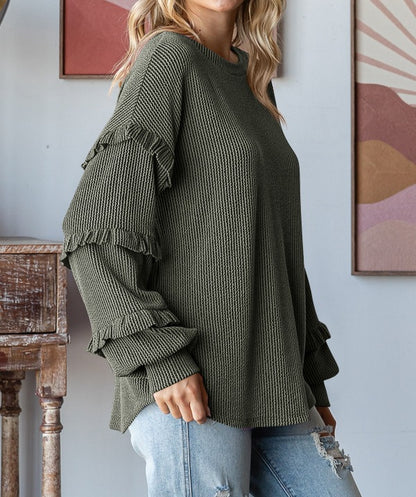 Lantern Sleeve Lace Round Neck Top