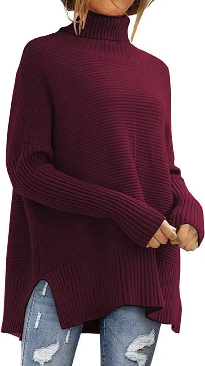 Women's Oversized Ribbed Batwing Sleeve Turtleneck Sweater