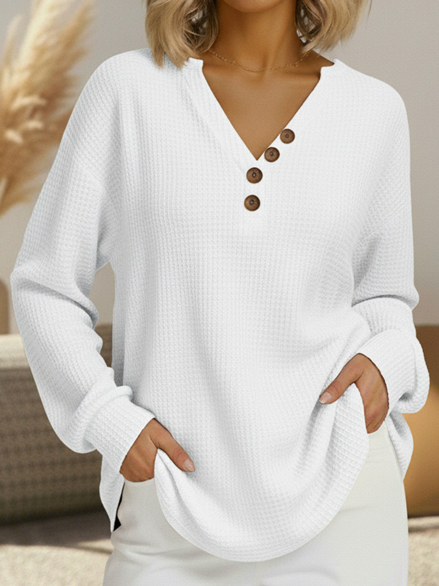 Women's Waffle Knit V Neck Henley Long Sleeve Top