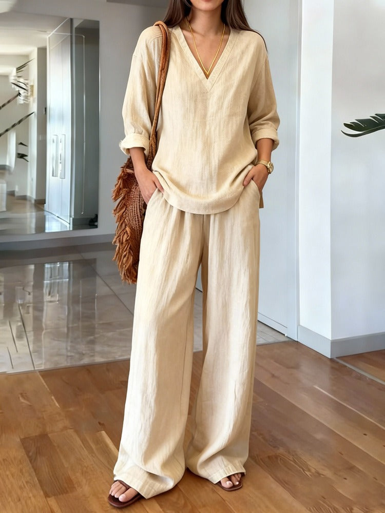 Women's V Neck Lounge Set Wide Leg Pants 2 Piece