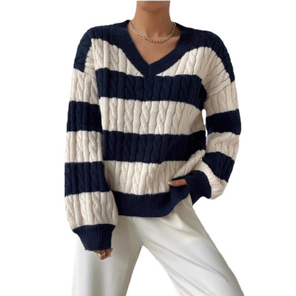 Women's Oversized V-Neck Striped Cable Knit Sweater