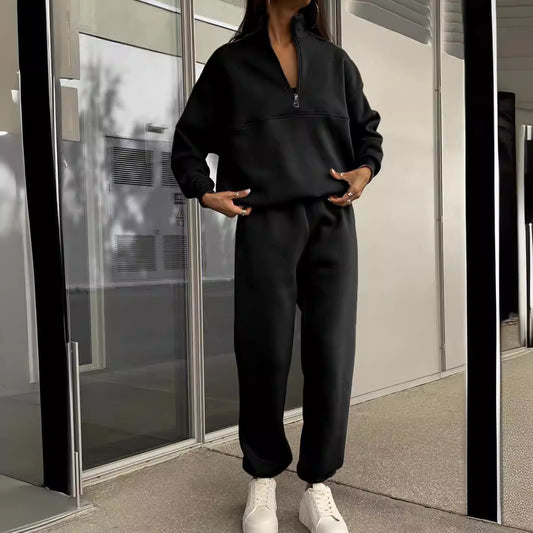 Autumn Winter New Women's Zipper Lapel Solid Color Casual Two-Piece Set