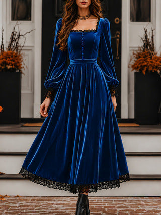 Square Neck Velvet Lace Trim Puff Sleeve Maxi Dress