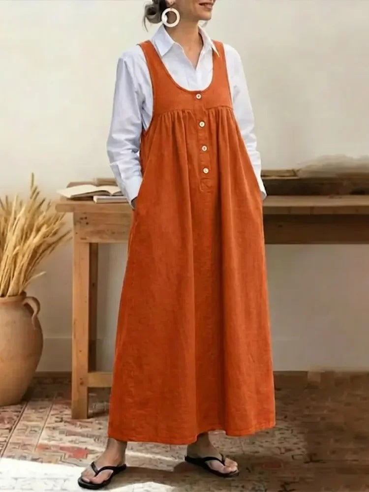 Women's Solid Button Front Jumper Dress Sleeveless