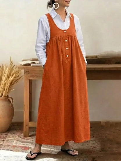 Women's Solid Button Front Jumper Dress Sleeveless