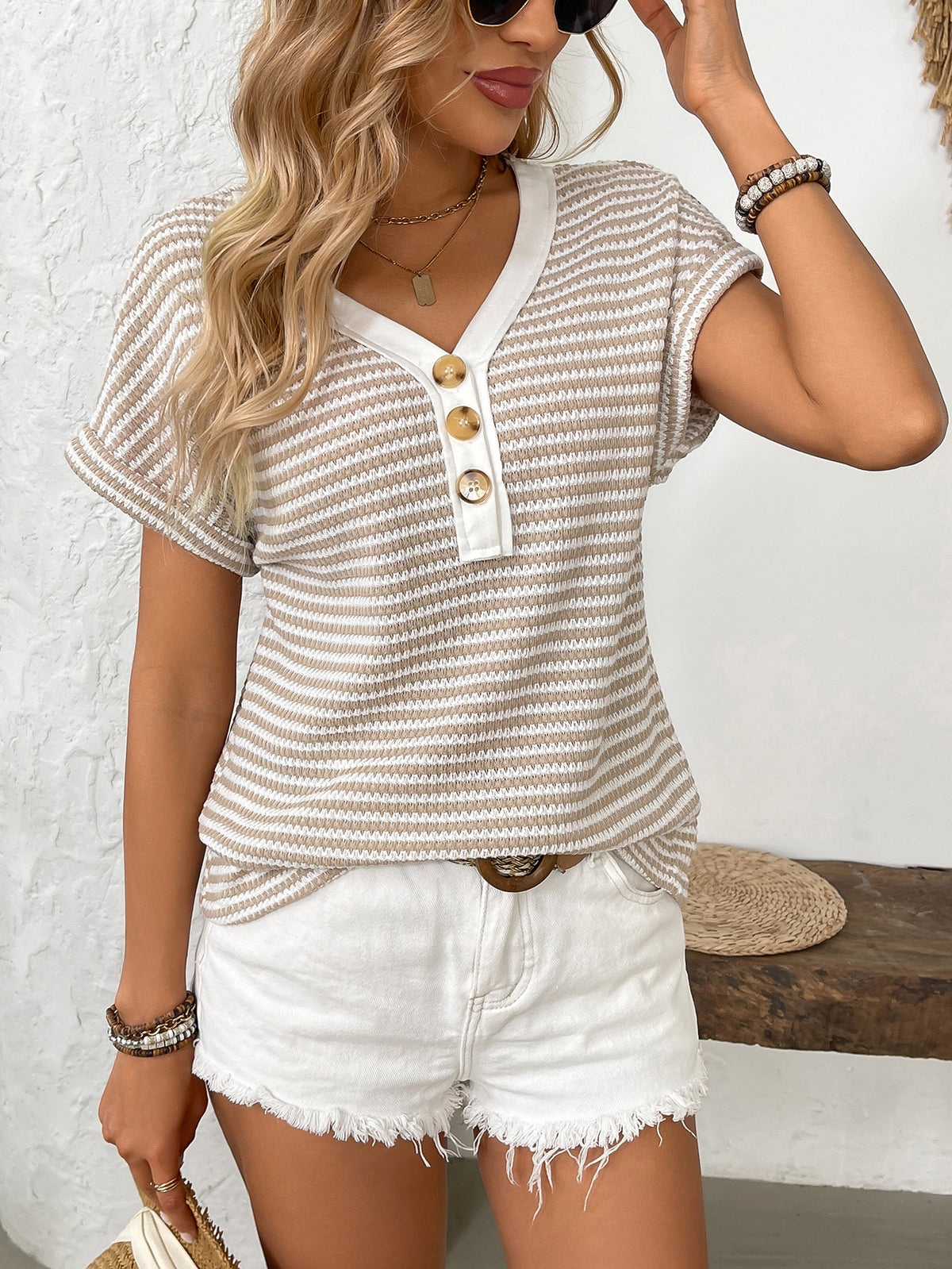 Striped Knit Henley V Neck Contrast Short Sleeve Top
