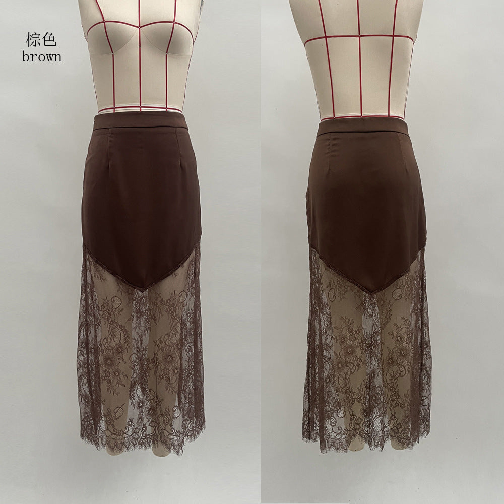 Women's Lace Panel Asymmetrical Bodycon Midi Skirt