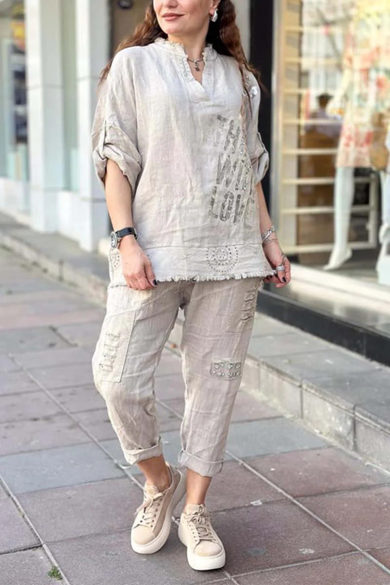 Women's Oversized Linen Graphic Half Sleeve Pants Set