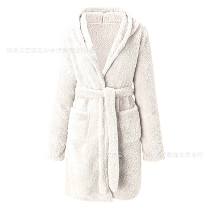 Womens Hooded Plush Fleece Robe Soft Warm Winter