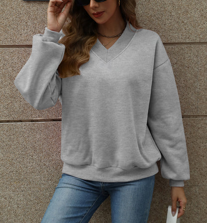 Colorblock V Neck Fleece Sweatshirt Women Casual Pullover Top