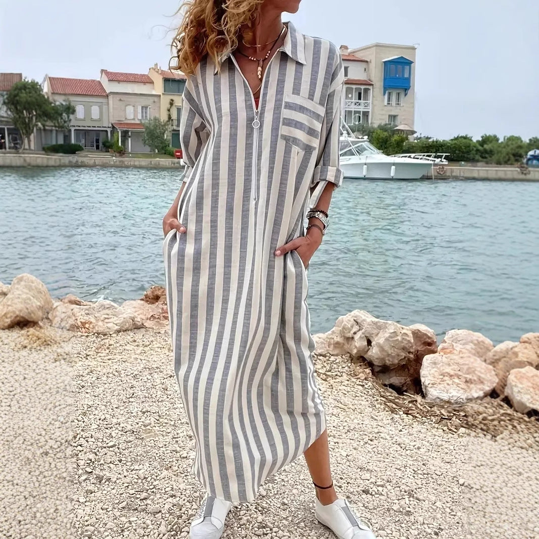 Women's Striped Maxi Shirt Dress Long Sleeve Casual A-Line