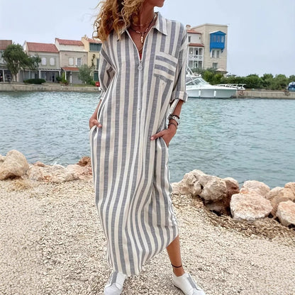 Women's Striped Maxi Shirt Dress Long Sleeve Casual A-Line