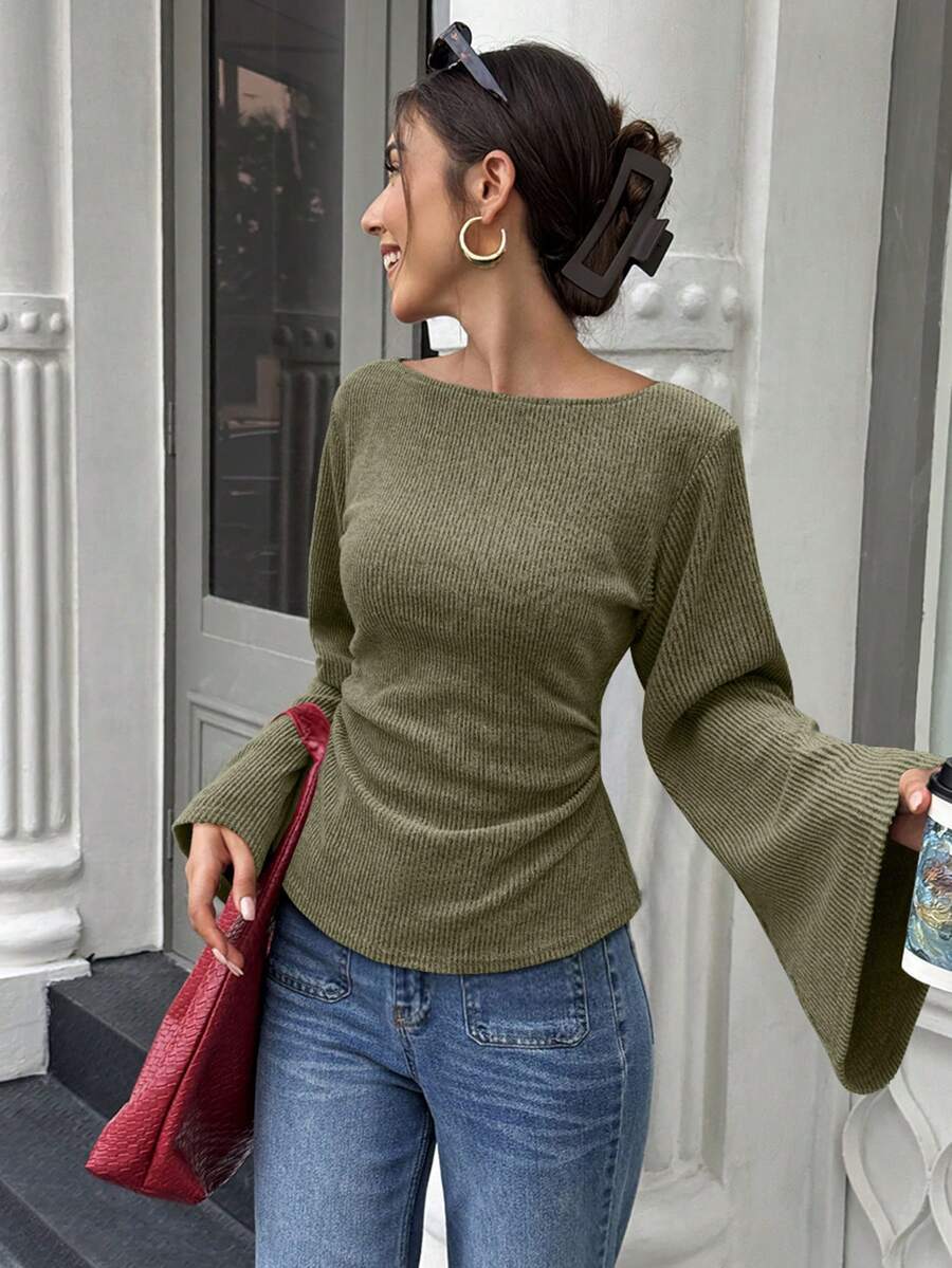 Ribbed Knit Bell Sleeve Fitted Long Sleeve Top
